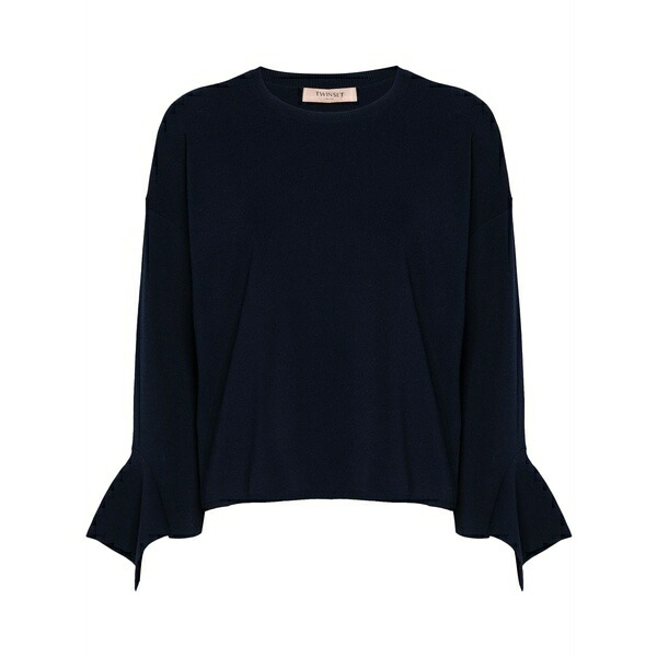 ツイン書き割り レディース 編み物\u0026プルオーバー アウター Ruffled crew-neck sweater Blue