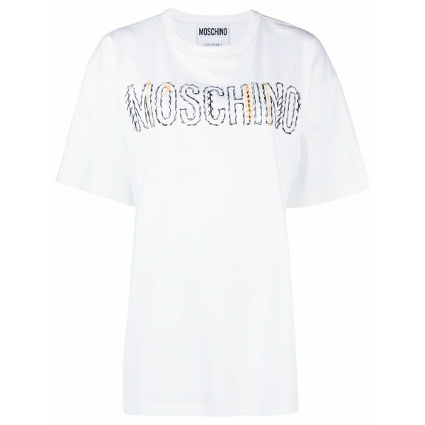 モスキーノ レディース プルオーバー トップス Embroidered-logo round-neck t-shirt White