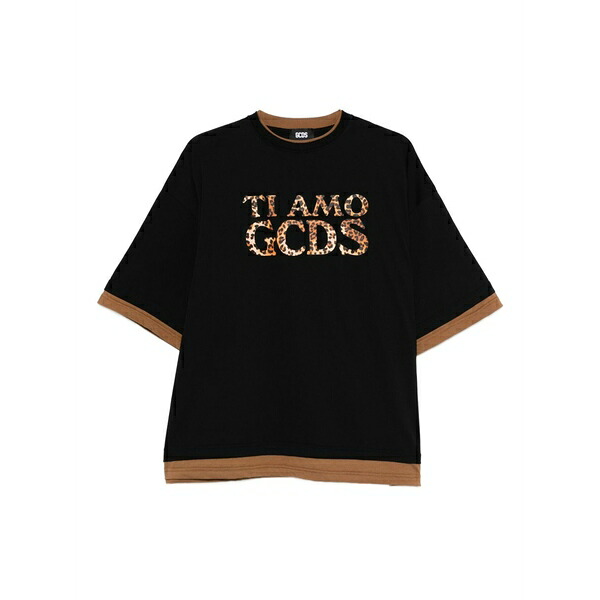 ジーシーディーエス レディース Tシャツ トップス Leopard-print trim t-shirt Black|asty
