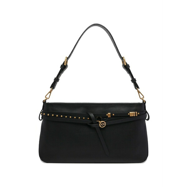 ピンコ レディース ショルダーバッグ 御徒面子 Studded logo shoulder bag Black