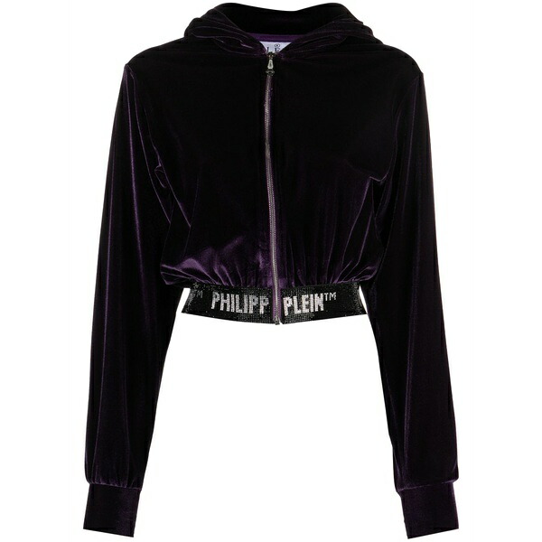 フィリッププレイン レディース パーカー・スウェットシャツ アウター Logo-embellishment velour hoodie Purple|asty