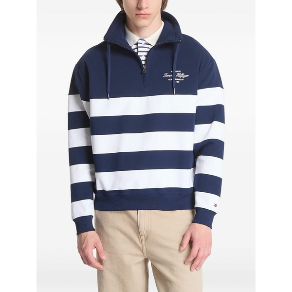 トミー ヒルフィガー メンズ パーカー・スウェットシャツ アウター Striped quarter-zip sweater Blue｜asty