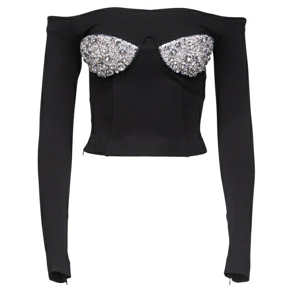 エリア レディース Tシャツ トップス Crystal-bustier off-shoulder top Black｜asty
