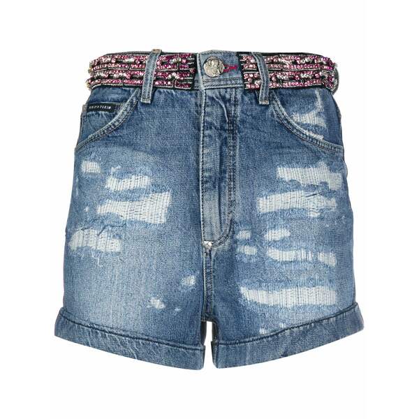 フィリッププレイン レディース カジュアルパンツ ボトムス Rhinestone-embellished denim shorts Blue|asty