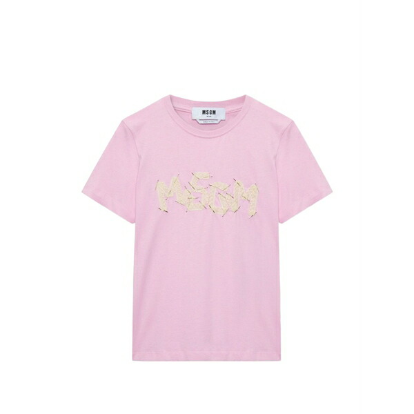 エムエスジイエム レディース Tシャツ トップス Beaded lace-embroidered t-shirt Pink|asty