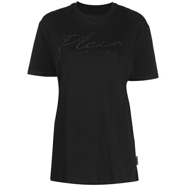 フィリッププレイン レディース Tシャツ トップス Signature crystal-embellished t-shirt Black|asty