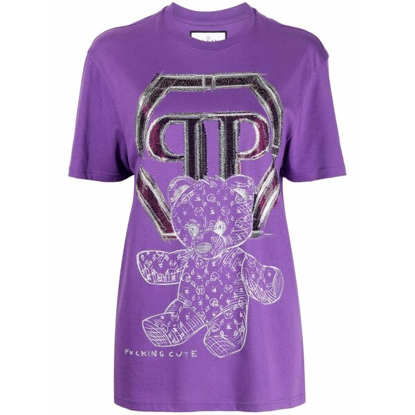 フィリッププレイン レディース Tシャツ トップス Teddy bear-print cotton t-shirt Purple|asty