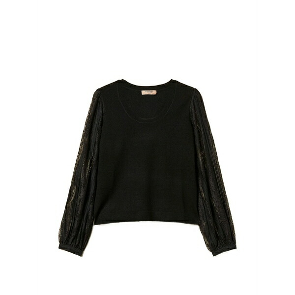 ツイン仕かける レディース プルオーバー トップス Lace-sleeve blouses  Black