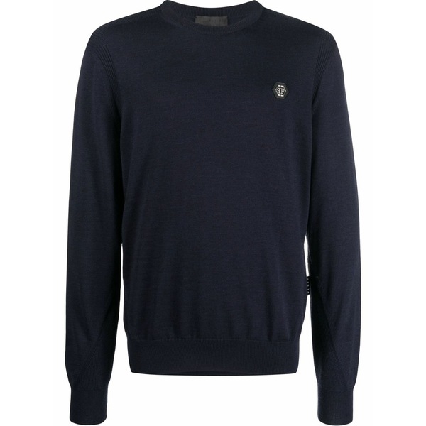 フィリップ飾り気のない メンズ 編み物\u0026プルオーバー アウター Logo patch merino wool jumper Blue