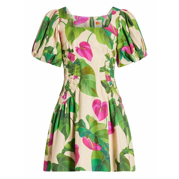 ファーム リオ レディース ワンピース トップス Puff-sleeve floral-print mini dress Neutrals｜asty