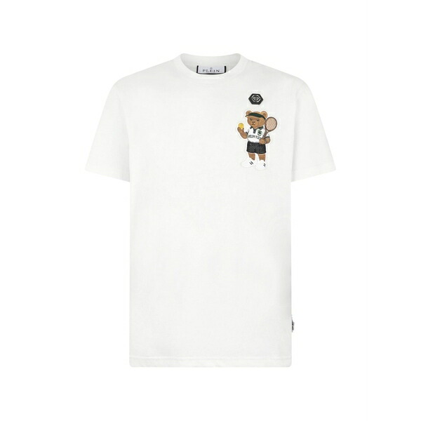 フィリップ飾り気の無い メンズ プルオーバー トップス Teddy patch round neck t-shirt White