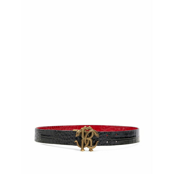 ロベルトカヴァリ レディース 三尺帯 付属物 Mirror snake monogram reversible belt Black