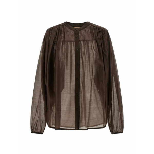 ツイン仕掛ける レディース プルオーバー トップス Semi-transparent puff-sleeve shirt Brown