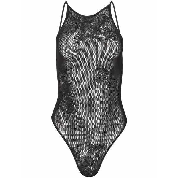 フレーデュマール レディース カットソー トップス Pointelle-knit lace racer bodysuit Black|asty
