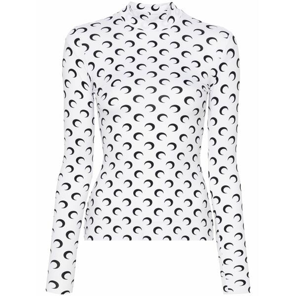 マリーン セル レディース Tシャツ トップス Moon-print mock-neck t-shirt White|asty