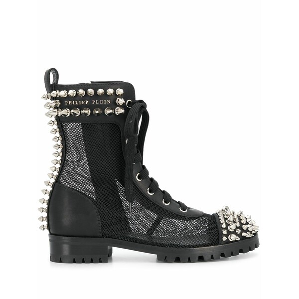 フィリッププレイン レディース ブーツ シューズ Studded 35mm lace-up boots Black｜asty