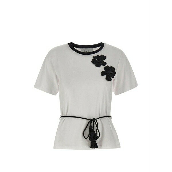 カオス レディース Tシャツ トップス Floral-embroidered belted t-shirt White｜asty
