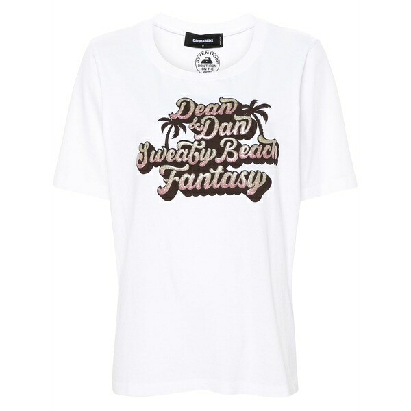 ディースクエアード レディース Tシャツ トップス Sweaty beach fantasy cotton t-shirt White|asty