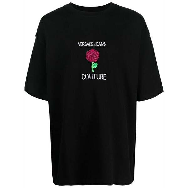 ベルサーチ メンズ Tシャツ トップス Floral-embroidered cotton t-shirt Black｜asty