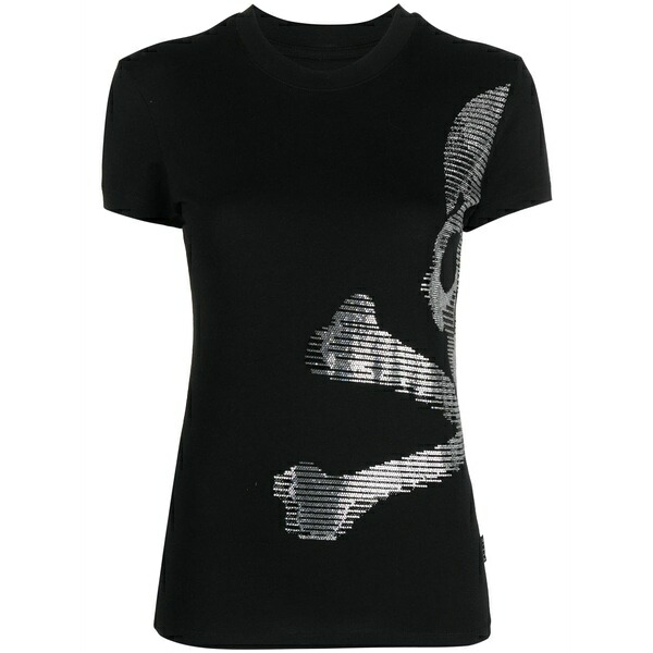 フィリッププレイン レディース Tシャツ トップス Sexy pure rhinestone-embellished t-shirt Black|asty