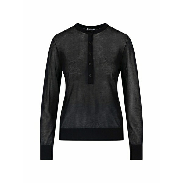 フィリッパコー レディース Tシャツ トップス Sheer-knit henley-neck long-sleeve cotton t-shirt Black｜asty