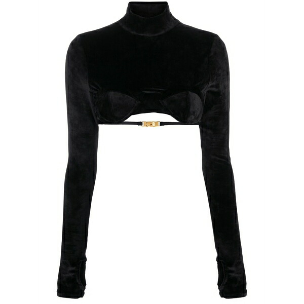 ジーシーディーエス レディース Tシャツ トップス Velvet-finish high-neck top Black|asty