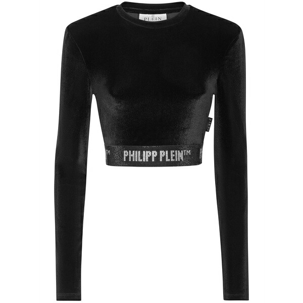 フィリッププレイン レディース Tシャツ トップス Long-underband velvet crop top Black|asty