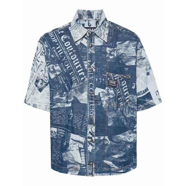 ベルサーチ メンズ シャツ トップス Magazine-print denim shirt Blue|asty
