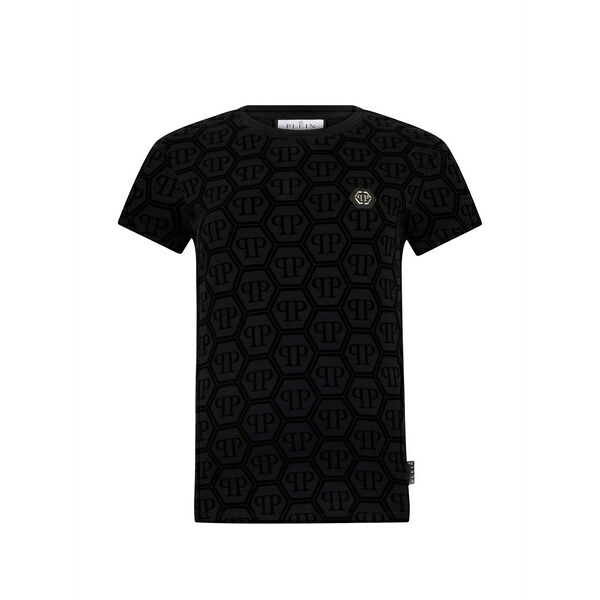 フィリッププレイン レディース Tシャツ トップス Jacquard monogram t-shirt Black|asty