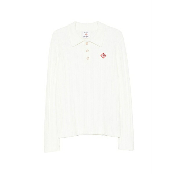 カサブランカ メンズ ポロシャツ トップス Ribbed-knit logo-patch polo shirt White|asty
