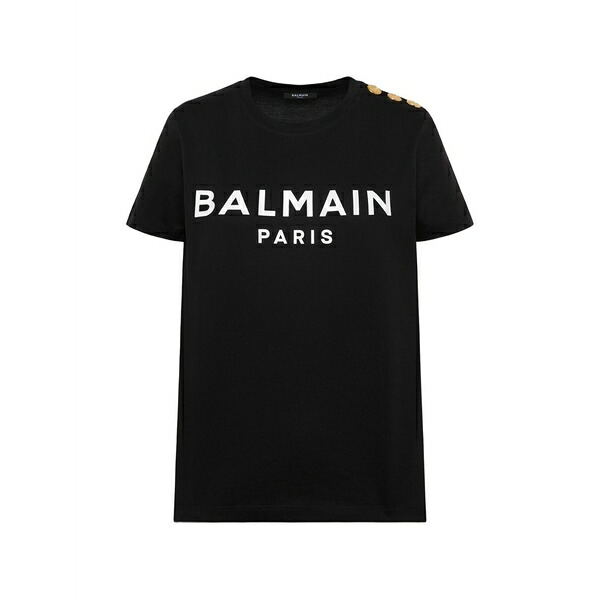 バルマン レディース Tシャツ トップス Embossed-buttons logo-print t-shirt Black｜asty