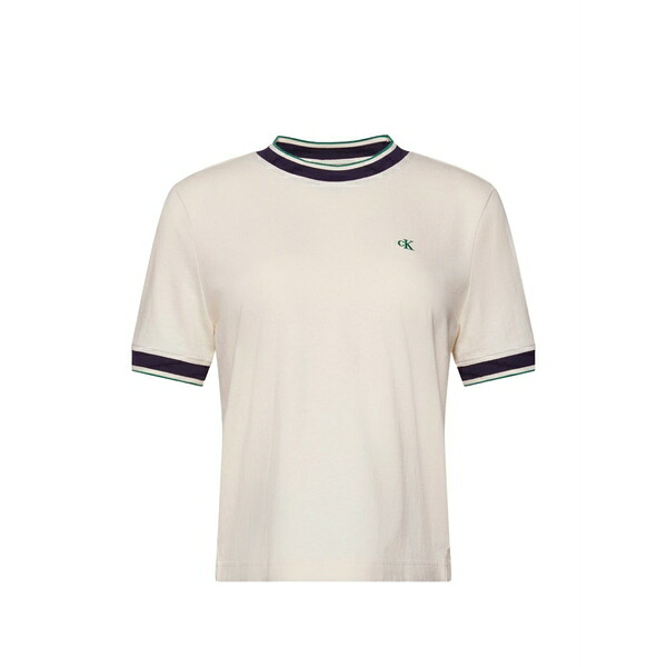 カルバンクライン レディース Tシャツ トップス Logo-embroidered striped-trim t-shirt Neutrals｜asty