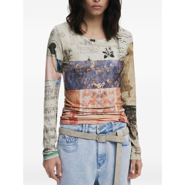 デジグアル レディース Tシャツ トップス Collage ruched long-sleeved t-shirt Neutrals｜asty