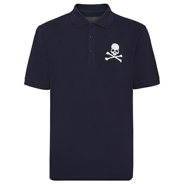 フィリッププレイン メンズ ポロシャツ トップス Skull & bones embroidered cotton polo shirt Blue｜asty