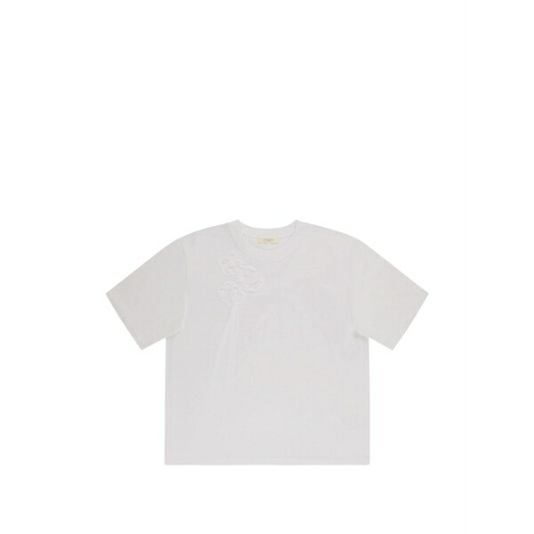 投げること御召しもの レディース ティーシャツ トップス Flower-embroidery t-shirt White