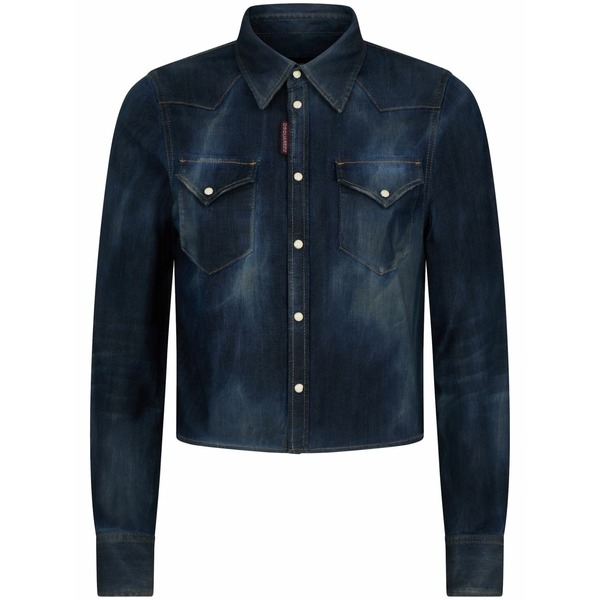 ディースクエアード レディース ティーシャツ トップス Logo-tag cropped denim shirt Blue