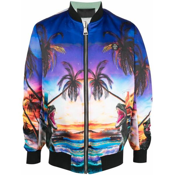 フィリッププレイン メンズ ジャケット＆ブルゾン アウター Hawaii printed bomber jacket Blue｜asty