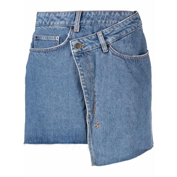 スビ レディース デニムパンツ ボトムス Logo-tag asymmetric denim miniskirt Blue|asty