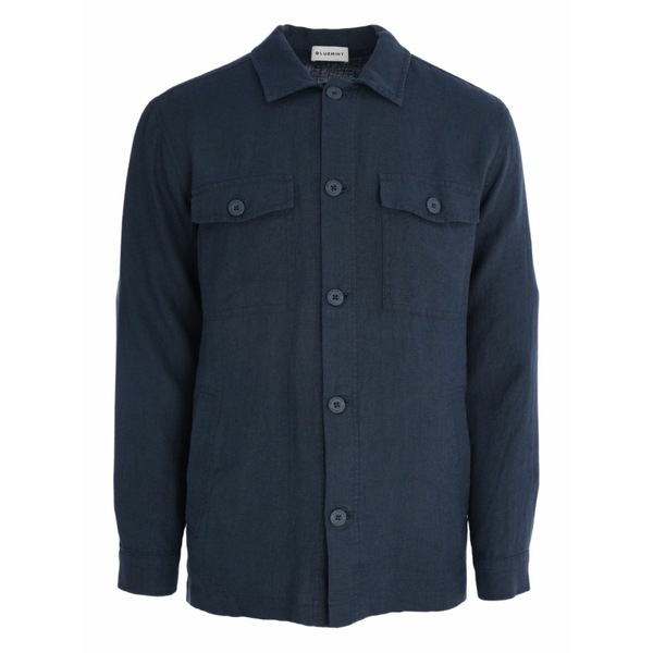 青碧ペパーミント メンズ プルオーバー トップス Double-pocket linen shirt Blue