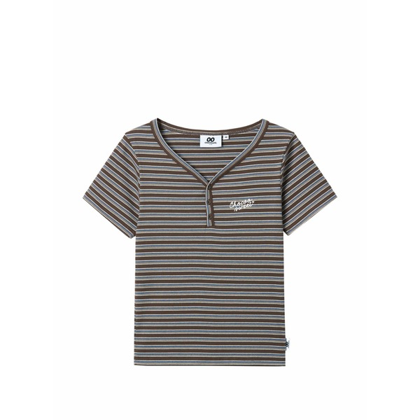 黒茶 レディース ティーシャツ トップス Striped buttoned t-shirt Brown