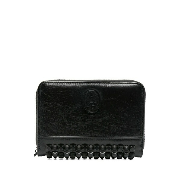 木灰 レディース 紙入れ 付属品 Stud-embellished crinkled-leather wallet Black