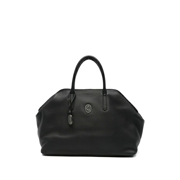 死灰 レディース トートバッグ 御徒面子 Logo-plaque pebbled-leather tote bag Black