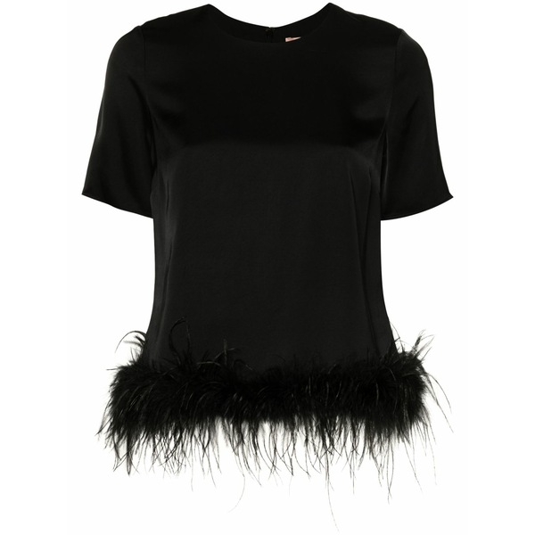 ツイン書き割り レディース プルオーバー トップス Feather-trim satin blouse Black