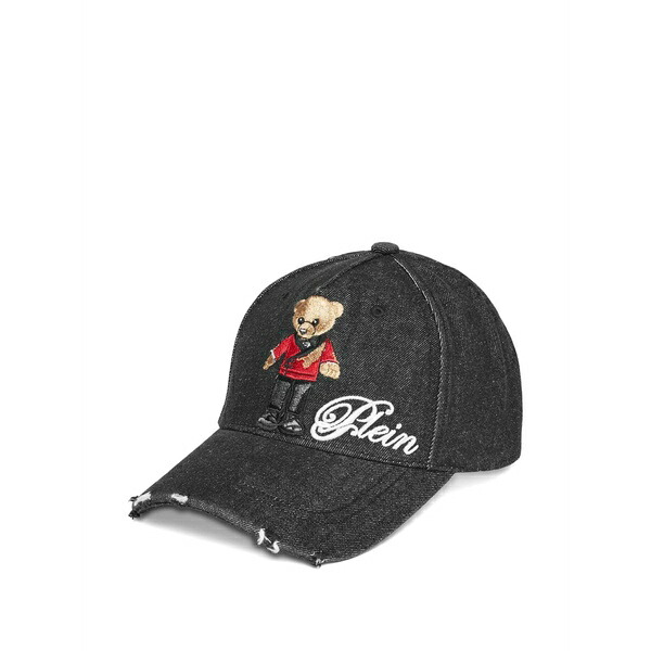 フィリップ飾り気の無い メンズ かぶり笠 添え物 Bear-embroidered denim cap Black