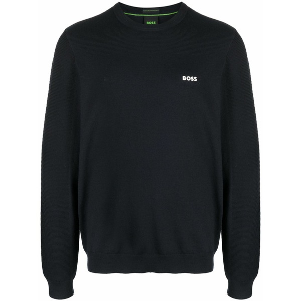ボス メンズ ニット&セーター アウター Logo-patch round-neck jumper Blue｜asty
