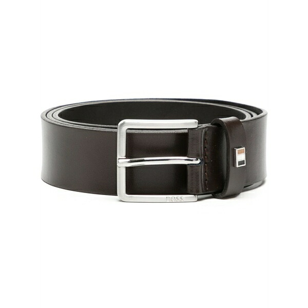 元締め メンズ 胴締め 付属品 Logo-engraved leather buckle belt Brown