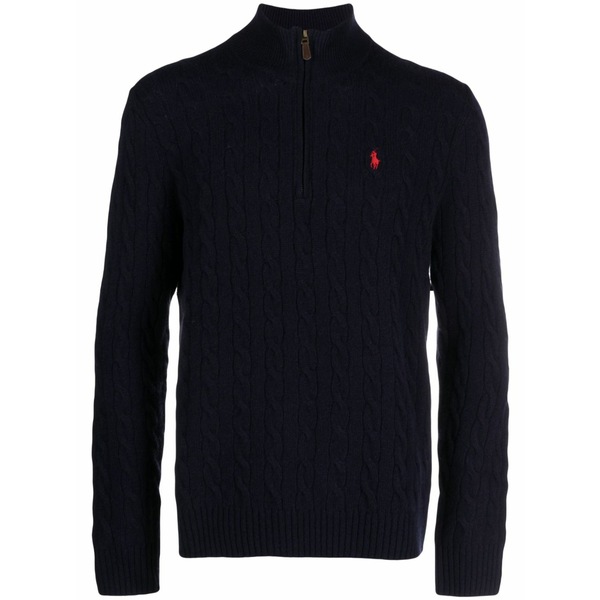 ラルフローレン メンズ ニット&セーター アウター Logo-embroidered cable-knit half-zip jumper Blue｜asty 34,970円