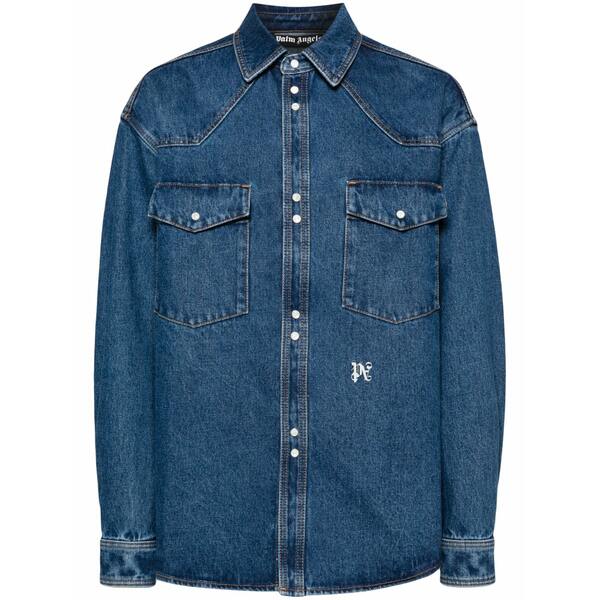 パーム・エンジェルス メンズ シャツ トップス Logo-embroidered denim shirt Blue|asty