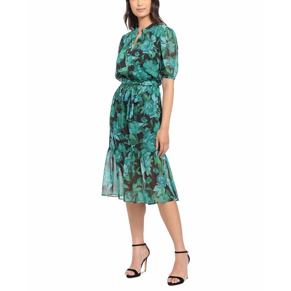 フラワーB ブルーグレイ ロンドンタイムス レディース ワンピース トップス Petite Puff-Sleeve Belted Midi Dress 