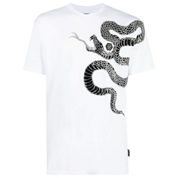 フィリップ飾り気のない メンズ ティーシャツ トップス Embellished snake-print t-shirt White